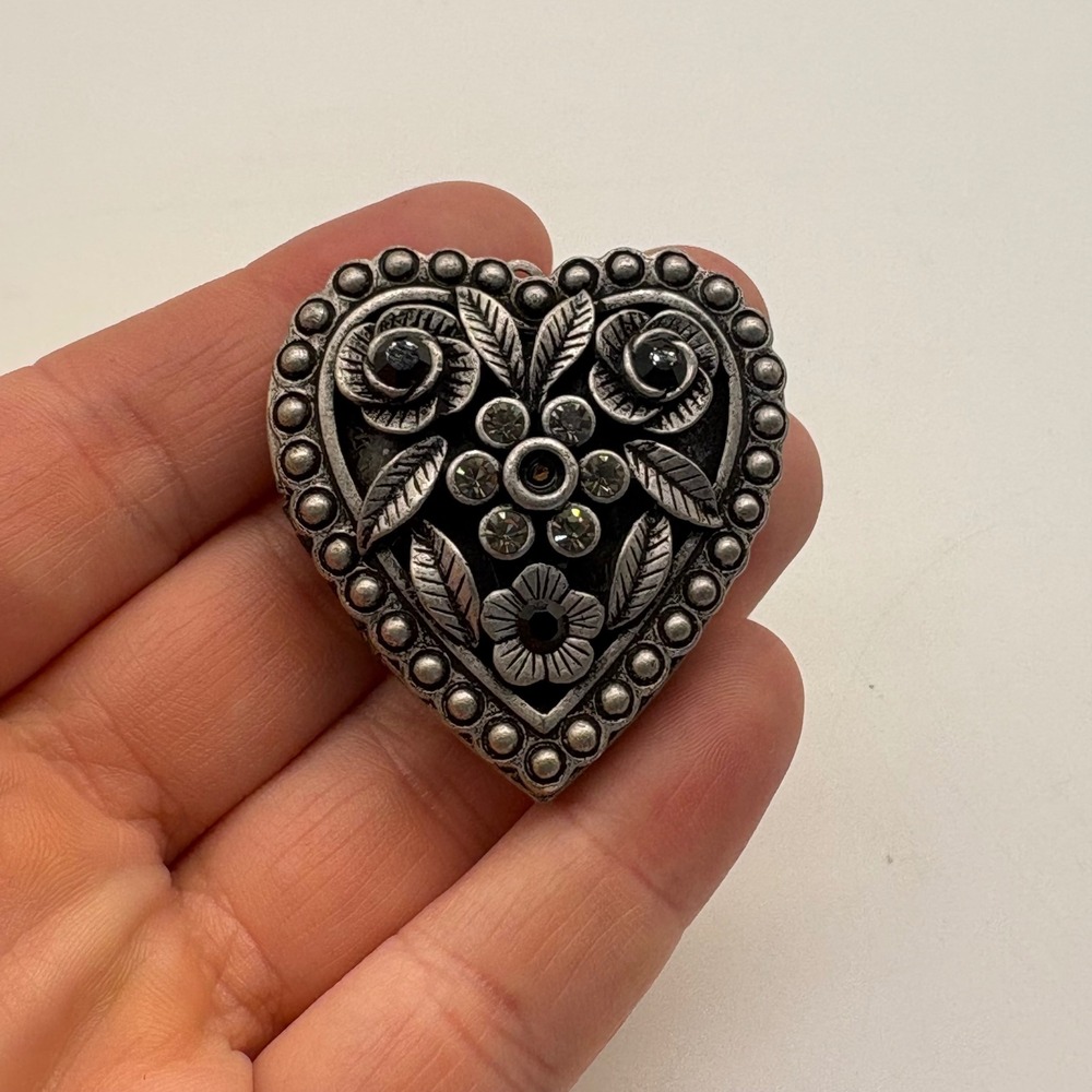 Vintage Style Silver Tone Black Rhinestone Floral Heart Locket Pendant